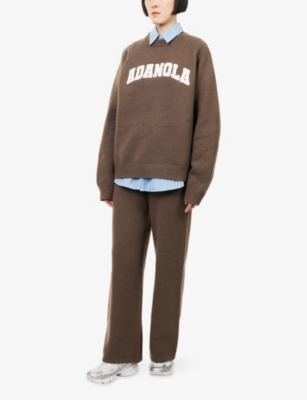 Adanola Womens Drk Cocoa Brwn/mrshmllw Varsity Boucle-logo Cotton And Wool-blend Oversized Jumper In Brown