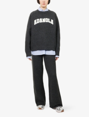 Adanola Womens Charcoal/marshmallow Varsity Boucle-logo Cotton And Wool-blend Oversized Jumper Xs In Black