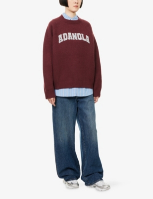 Adanola Womens Burgundy/light Grey Mel Varsity Boucle-logo Cotton And Wool-blend Oversized Jumper In Burgundy