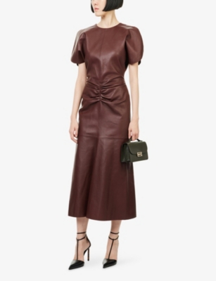 VICTORIA BECKHAM: Gathered-Waist Leather Midi Dress