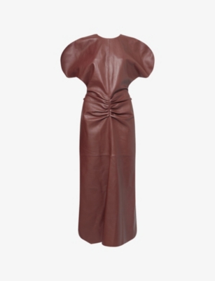 VICTORIA BECKHAM: Gathered-Waist Leather Midi Dress