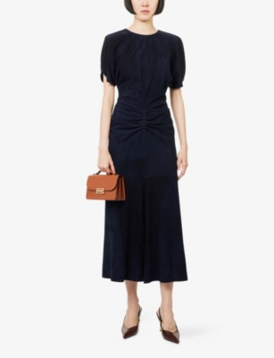 Victoria Beckham Womens Navy Gathered-waist Velvet Midi Dress In Blue