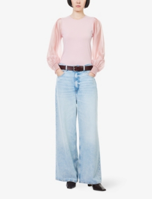 Me And Em And Em Womens Smoke Pink Feature-cuff Round-neck Stretch-woven Blouse In Pink