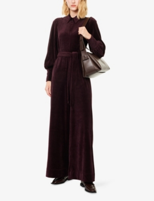 Me And Em And Em Womens Bordeaux Velour Belted Cotton-blend Jumpsuit In Brown