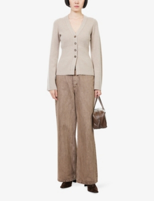Me And Em And Em Womens Hazelnut Waisted V-neck Merino-wool Cardigan In Neutral