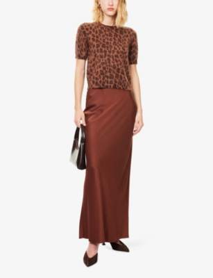 Me And Em And Em Womens Leopard Slim-fit Wool And Cashmere T-shirt Cocoa Brown Multi In Brown