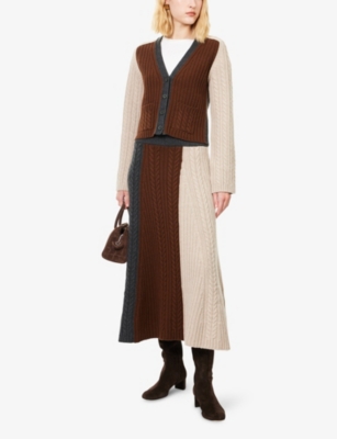 Me And Em And Em Womens Cable-knit Patched Wool And Cashmere Cardigan Hazelnut Melange Mul Xs In Red