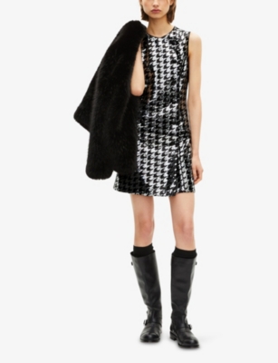 The Kooples Womens Double-breasted Houndstooth Sequin-embellished Mini Dress Black White Xs In Black