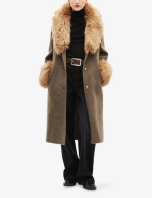 The Kooples Womens Single-breasted Faux-fur Wool Coat Hazelnut Xs In Black