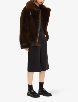 The Kooples Womens Belted-hem Faux-fur Aviator Jacket Chocolate In Animal Print