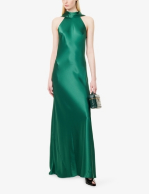 Galvan Womens  Sienna Halter-neck Satin Gown In Green