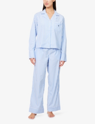 Polo Ralph Lauren Womens White Cloud X Hydrangea Classic Stripe Cotton Pyjama Set Xs