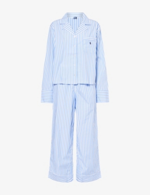 Polo Ralph Lauren Womens White Cloud X Hydrangea Classic Stripe Cotton Pyjama Set Xs
