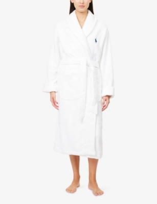 Polo Ralph Lauren Womens Ultramarine Bear-print Back Cotton Towelling Robe L/xl In White