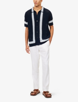 Frescobol Carioca Mens Navy Pinto Crochet Short-sleeves Cotton Cardigan Xl In Multi