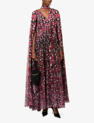 MARY KATRANTZOU: Charlot Feather-Print Chiffon Maxi Dress