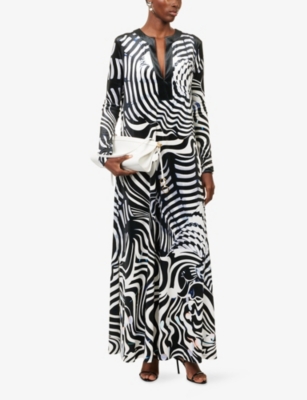 Mary Katrantzou Womens Carrington Long-sleeve Velvet Kaftan Maxi Dress Vitreous Zebra In Black