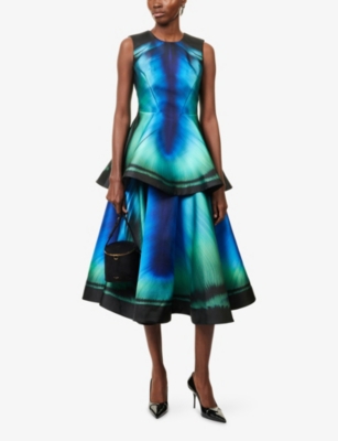 Mary Katrantzou Womens Teal Feather Arnim Feather-print Flared Crepe Mini Dress In Blue