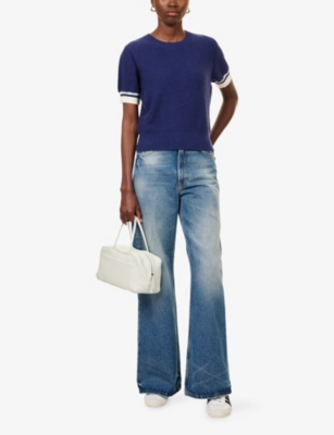 The Couture Club Womens Navy Contrast-stripe Short-sleeves Knitted Top Xxs In Blue