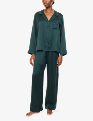 Eberjey Womens Inez Silk Long-sleeve Pyjama Set Pine/navy In Green