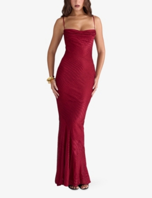 House Of Cb Womens Deep Red Burnout Nalani Fishtail Satin Maxi Gown In Red
