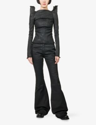 Rick Owens Drkshdw Womens Black Wax Bolan Bootcut Coated-denim Jeans In Multi