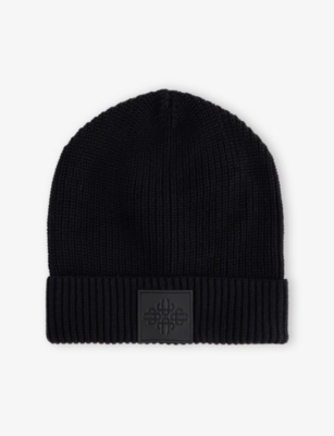 The Couture Club Mens Black Logo-emblem Ribbed Cotton Beanie Hat In Black