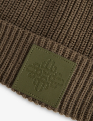 The Couture Club Mens Khaki Logo-emblem Ribbed Cotton Beanie Hat In Brown