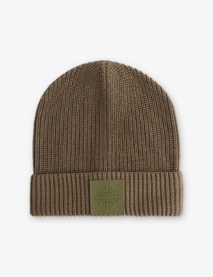 The Couture Club Mens Khaki Logo-emblem Ribbed Cotton Beanie Hat In Brown