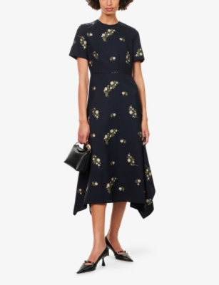 Erdem Womens Navy Floral Short-sleeves Wool And Cotton Midi Dress In Blue