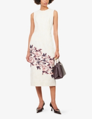 ERDEM: Embroidered Sleeveless Cotton And Linen Midi Dress