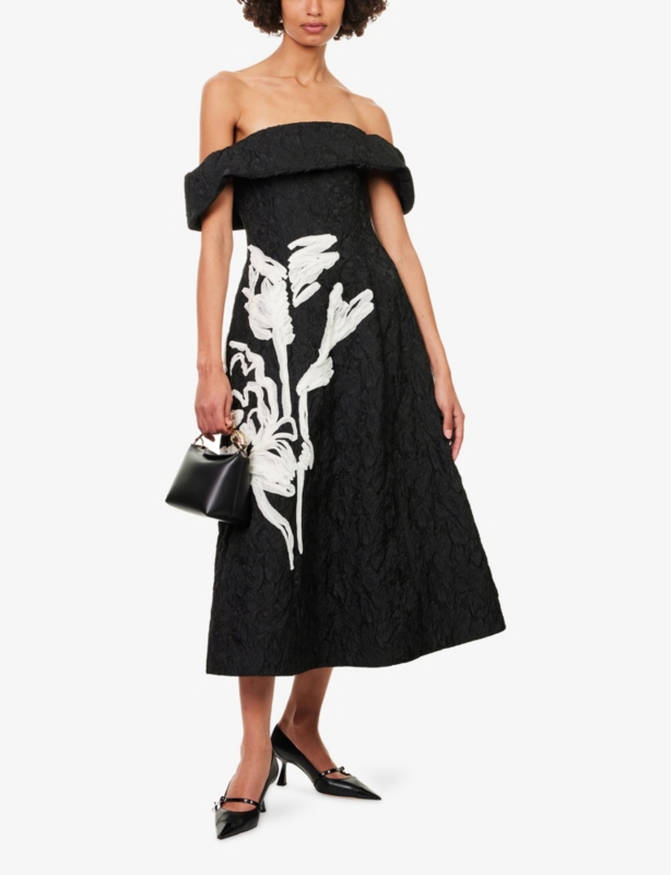 Embellished Off-Shoulders Woven Midi Dress