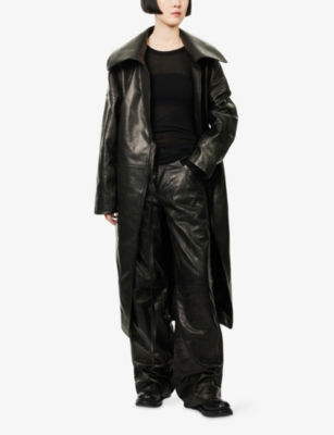 Rick Owens Womens Black Panelled Belted Leather Coat In Black