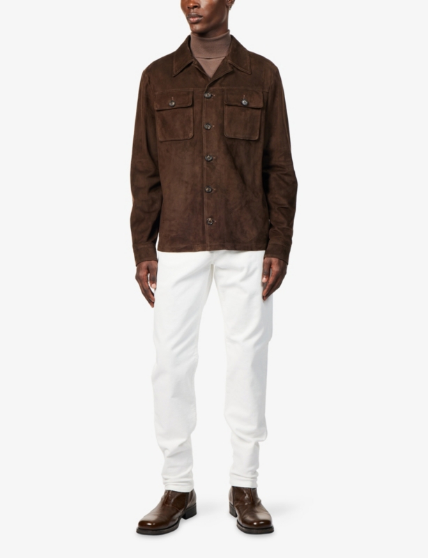 Notched-Collar Long-Sleeve Suede Jacket