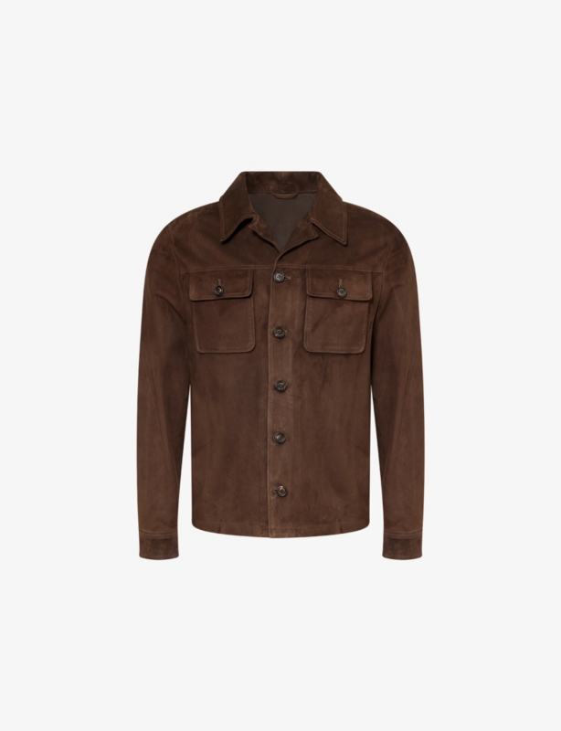 Notched-Collar Long-Sleeve Suede Jacket