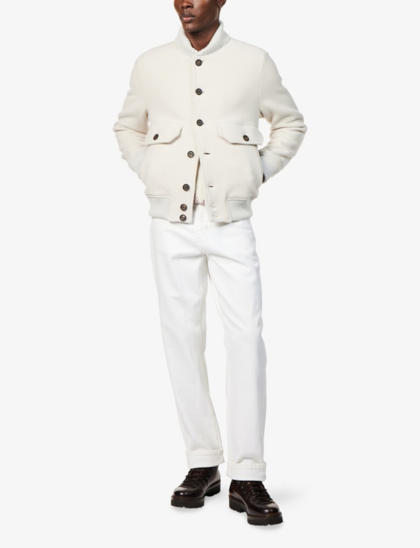 Ribbed-Trims Long-Sleeve Wool Blend Bomber Jacket