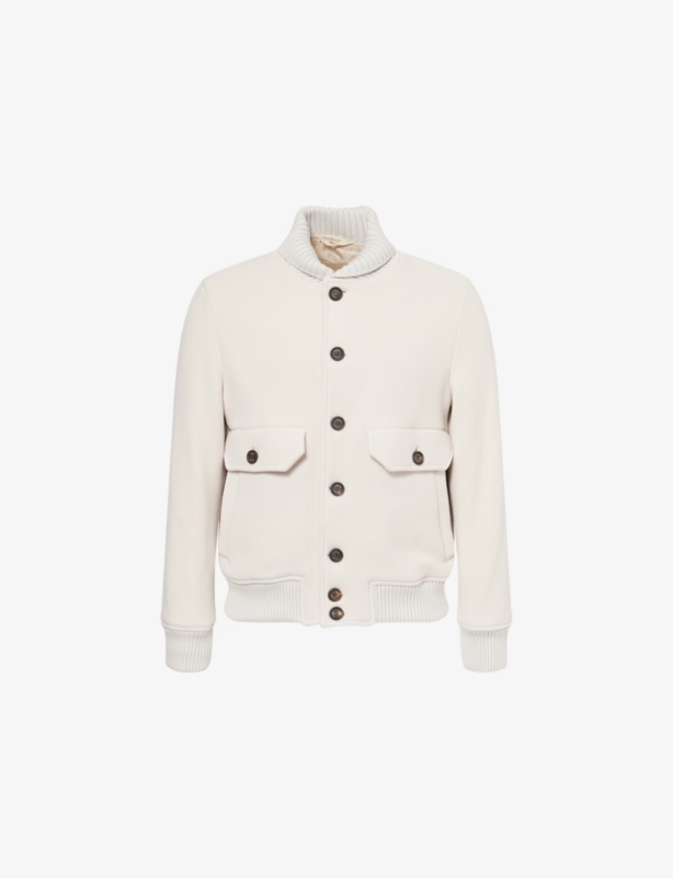 Ribbed-Trims Long-Sleeve Wool Blend Bomber Jacket