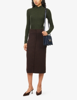 Victoria Beckham Womens Dark Chocolate Button-embellished Slim-fit Stretch-wool Blend Midi Skirt Xs In Brown