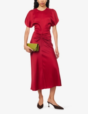 Victoria Beckham Womens Rose Gathered Slim-fit Woven Midi Dress In Pink