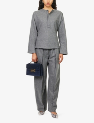 Victoria Beckham Womens Mid Grey Melange Henley Gathered Wool And Cashmere Top In Blue