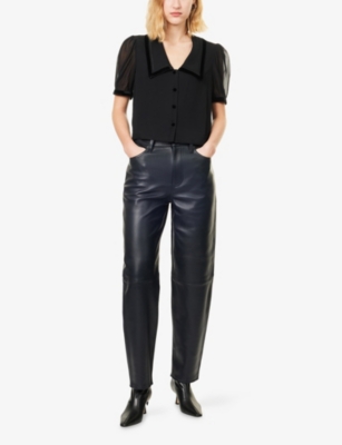 Frame Womens Navy The Neat Tapered-leg Leather Trousers In Blue