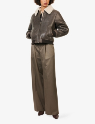 Frame Womens  Shrunken Shearling Leather Bomber Jacket In Brown