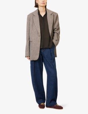 FRAME: The Houndstooth Gillian Puffed-Short-Sleeves Silk Top