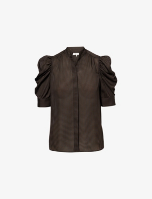 Frame Womens  The Houndstooth Gillian Puffed-short-sleeves Silk Top In Brown