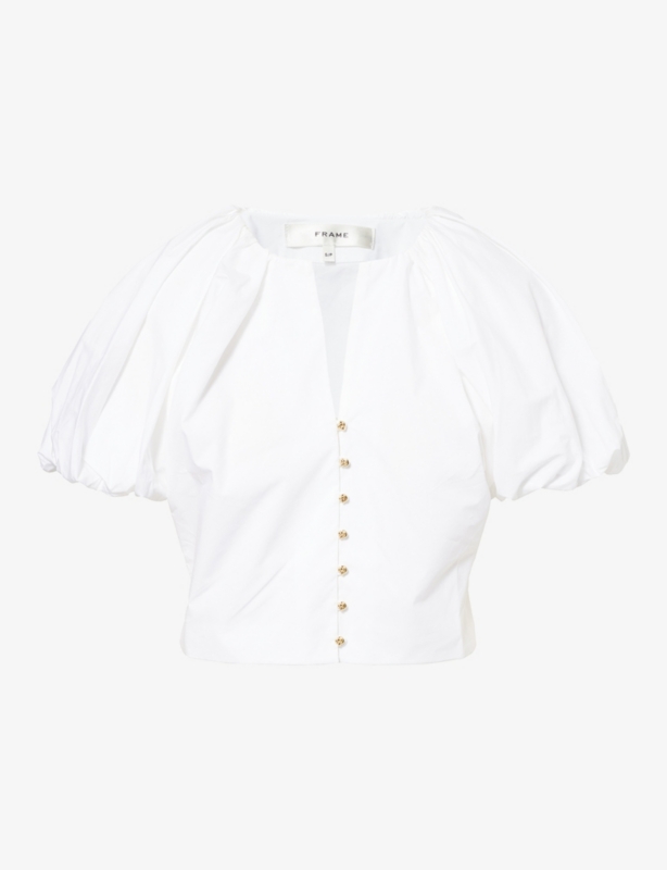 Balloon-Sleeve Cropped Cotton-Poplin Blouse