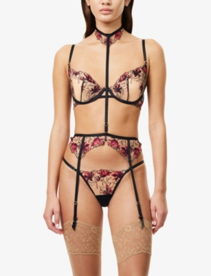 Bluebella Womens Black/ Cherry Lacquer Calista Lace Suspender Belt In Multi
