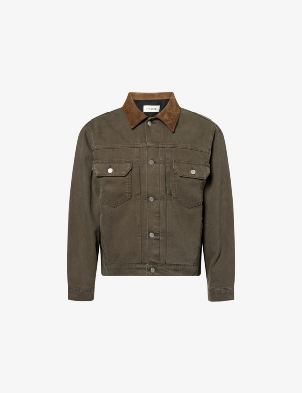 Suede-Collar Cotton-Canvas Trucker Jacket