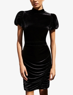 Ro&zo Womens Madison Puff-sleeved Stretch-velvet Mini Dress Black In Black