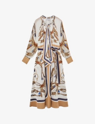 Womens Reiss Ellie Foulard-Print Tie-Neck Woven Midi Dress
