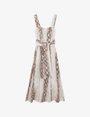 Womens Reiss Amy Snake-Print Linen-Blend Midi Dress